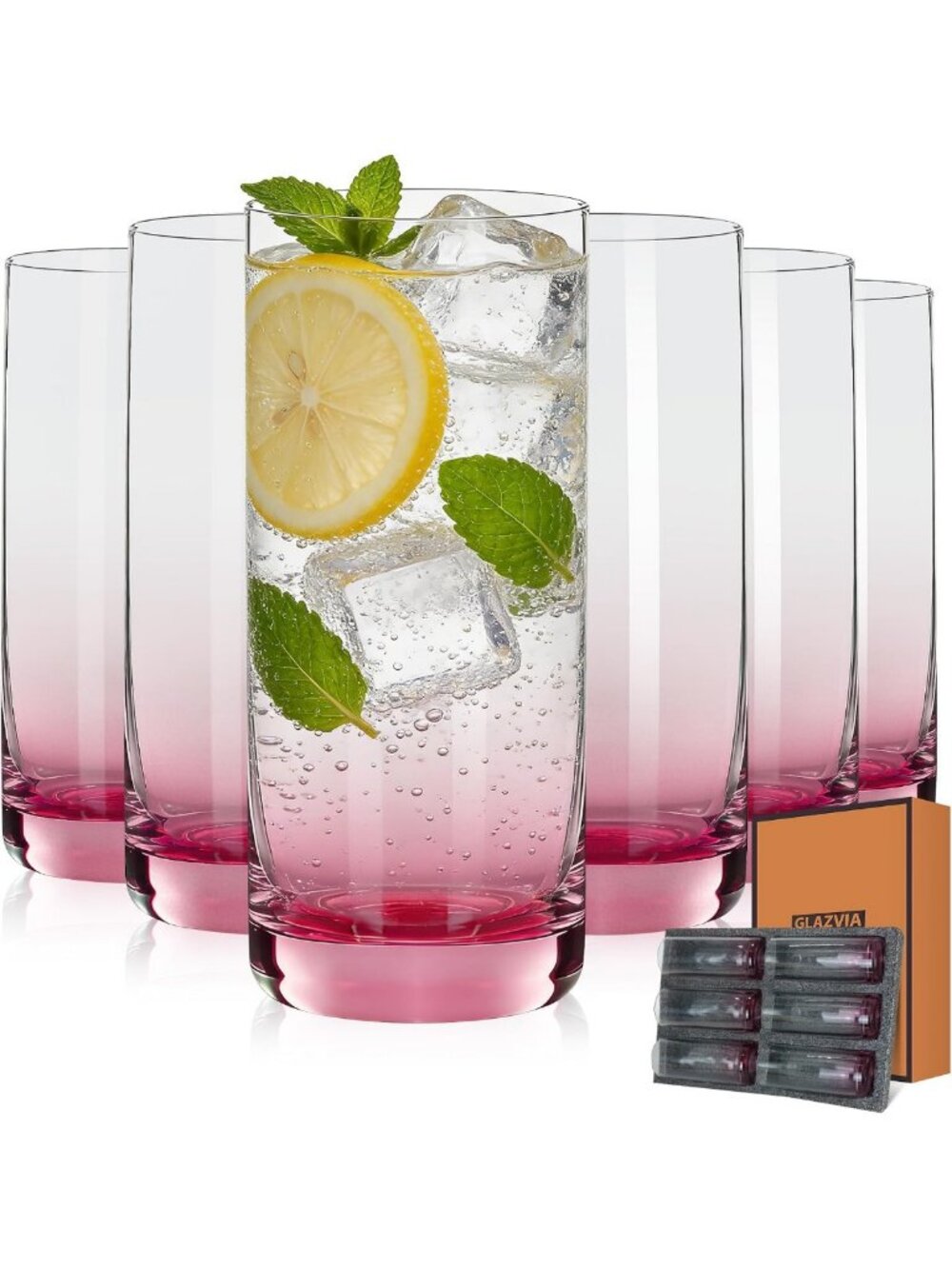 Set of 6 Pink Highball Glasses | 13oz Cocktail, Beer, Mojito & Juice Cups